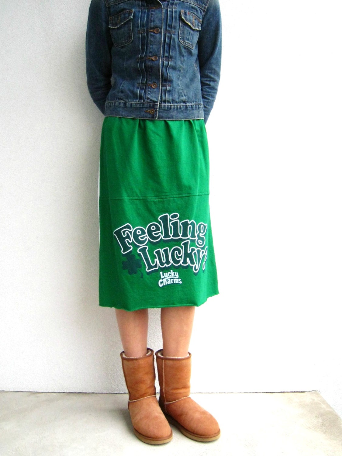 Recycled T Shirt Skirt / Lucky Charms / Emerald Green White / Girls / Straight / Knee Length / Cotton / Soft / Fun / by ohzie