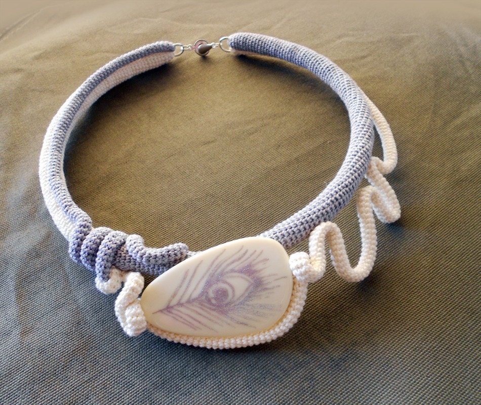 Sculptural Crochet Choker, Icy Cool Gray and Cream, Art to Wear