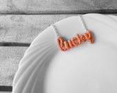 Lucky Necklace, Word Pendant Necklace, Inspirational Personalized Necklace, Crochet Wrap Jewelry, Friendship Necklace, Orange