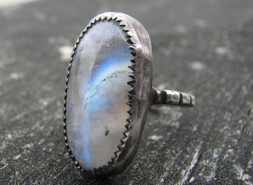 One of a Kind Moonstone Ring Size 7 Seven Ring Oxidized Sterling Silver Rainbow Moonstone Metalwork Jewelry