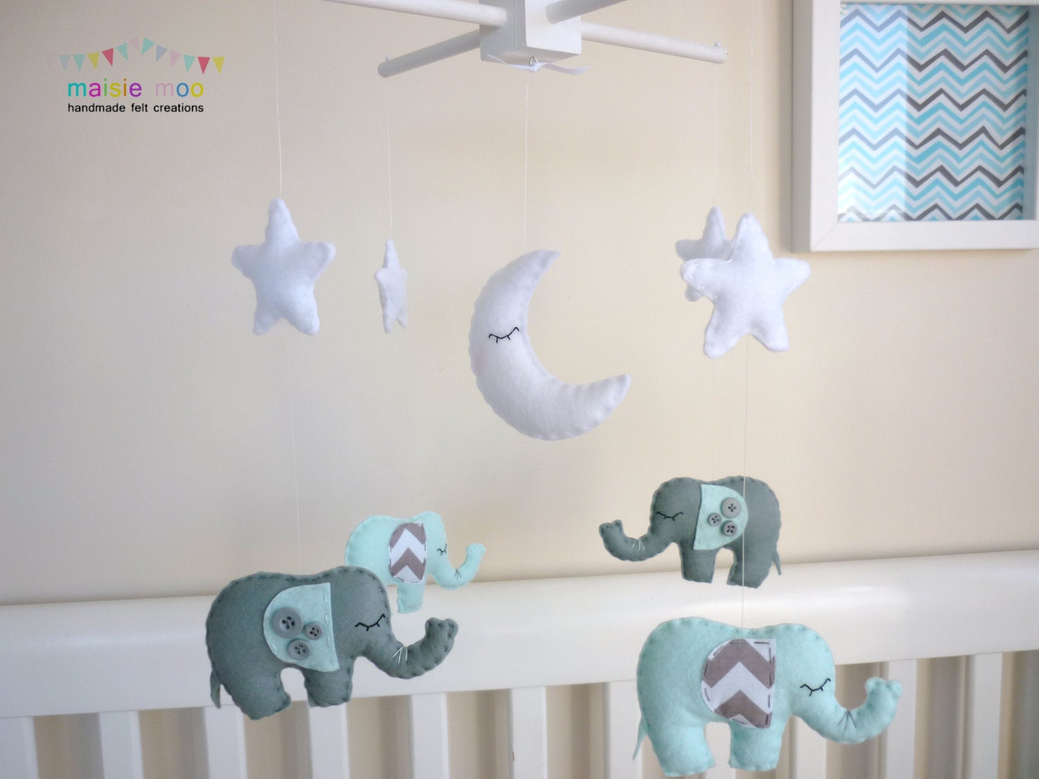 Dreamtime Baby Elephants - Light Blue and Grey Felt with Chevron and Buttons Baby Mobile