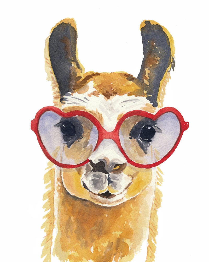 Llama Watercolour PRINT - 8x10 Art Print, Heart Shaped Glasses, Llama Illustration
