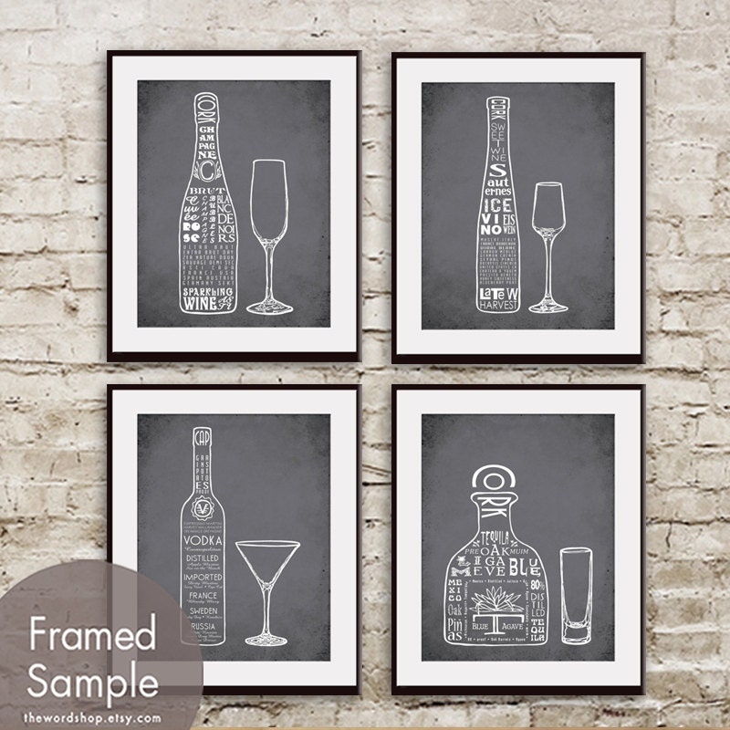 Champagne, Ice Wine, Vodka and Tequila (Top Shelf Alcohol Series) Set of 4 11x14 Art Prints (Featured in Charcoal)