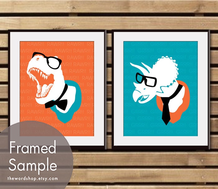 T-Rex and Triceratops with Glasses and Tie -Set of 2 - 8x10 Art Print (Featured in Crimson Orange and Oceanic Blue)