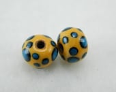Handmade colored clay beads jewelry supplies yellow orange porcelain clay beads with blue dots, set of 2 for jewelry designers