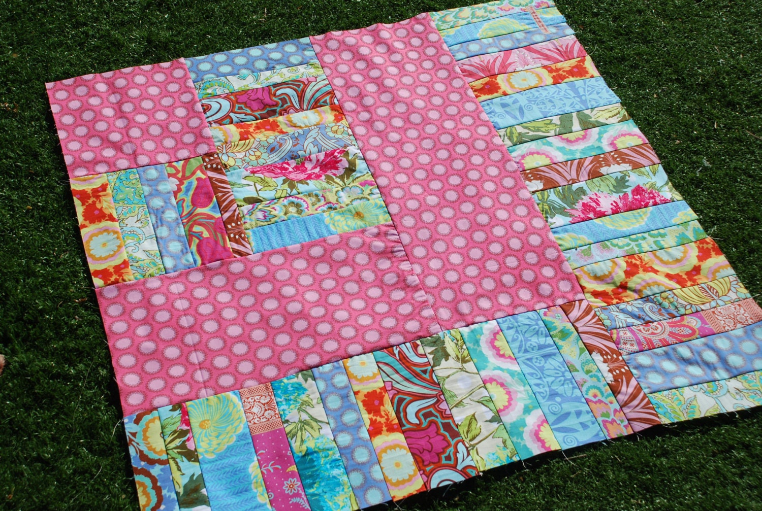 Amy Butler. COUTURE Pram/ Stroller Blanket. Soul Blossoms. Amazing craftsmanship and details, Minky fleece on back. QUILTED 32x32