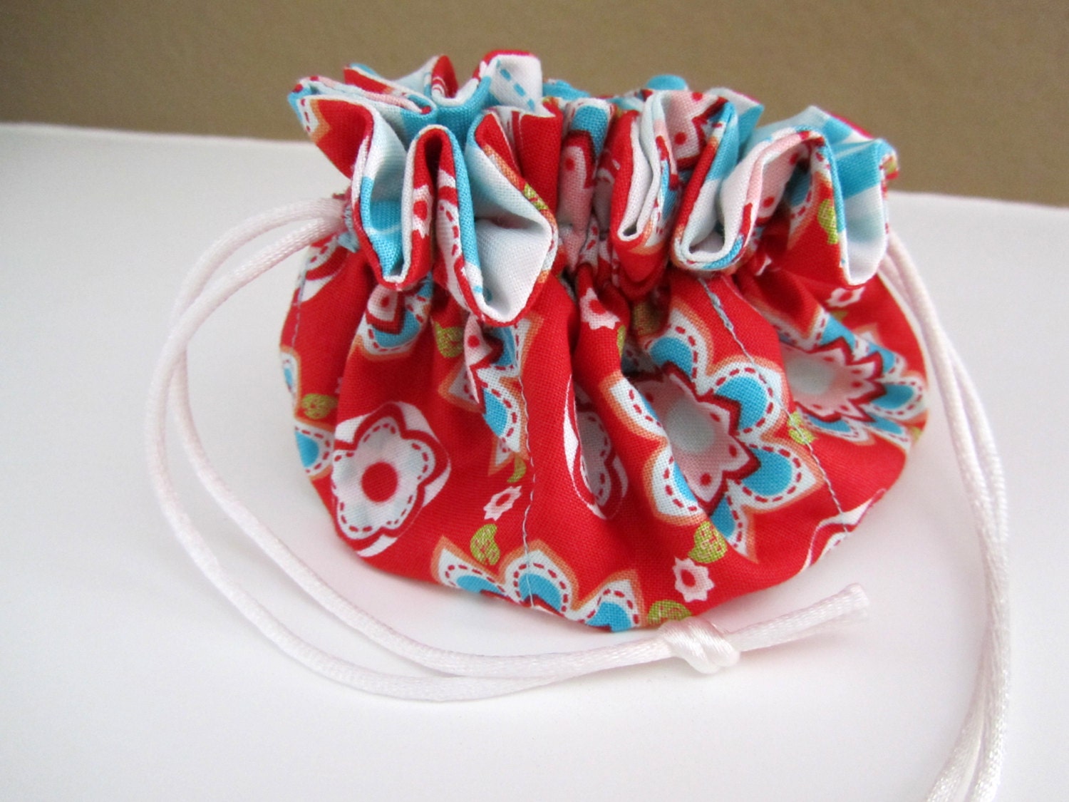 Drawstring Travel Jewelry Bag/Holder/Organizer- Red and Blue Floral with Striped Lining