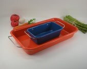 Enamel Steel Enamelware Orange Lasagna Blue Bread Baking Pans - with Chrome Handles