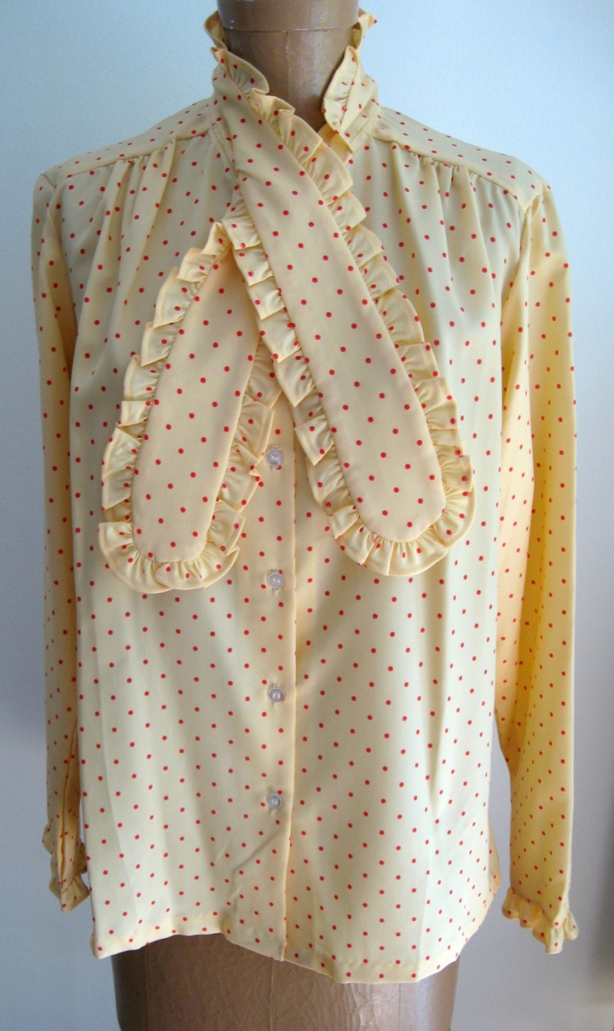 70's Secretary Blouse / Dressy Polka Dot Blouse with Jabot Tie / Ruffled Neckline and Tie / Red and Yellow