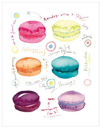 Macarons at tea time watercolor illustration print, Laduree macaroon, Kitchen art, 8X10 Colorful french pastry poster, Home decor
