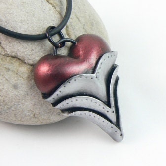 Faux Metallic Silver Armored Shielded Heart Pendant Edgy Urban