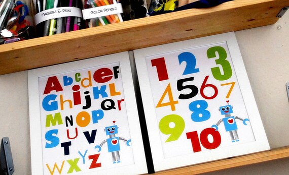 ON SALE 2 Robot Alphabet and Numbers Wall Print, 8.5 x 11 , Robot illustration and Typography A272 Il_570xn