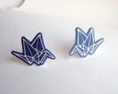Blue Origami Crane Post Earrings Shrinky Plastic