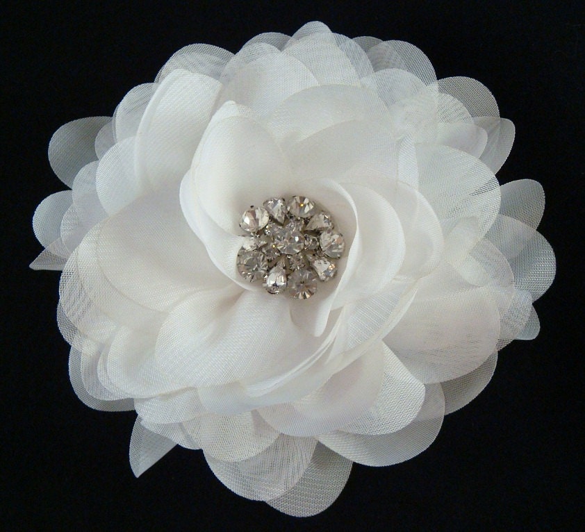 Large PURE WHITE FLOWER with rhinestones / white flower clip or brooch pin / white sash flower