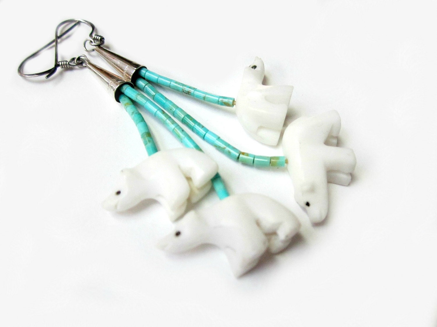 Adorable 925 Sterling Silver Turquoise Bead and Carved Polar Bear Pierced Earrings