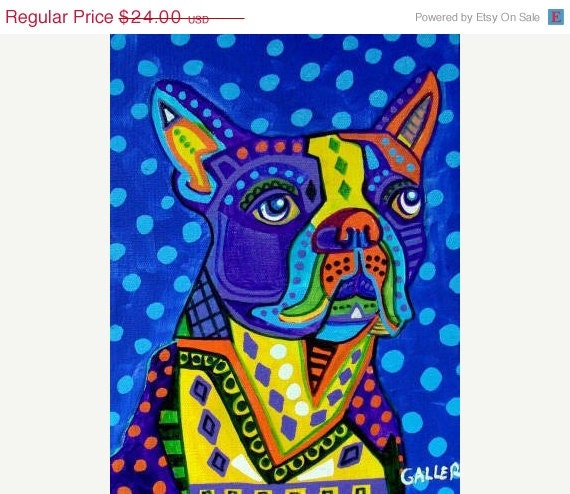 50 OFF SALE - Dog Art - BOSTON Terrier Art - Blue Dog Abstract Modern Poster Print of Painting - Royal Blue Yellow Orange - Wedding Gifts