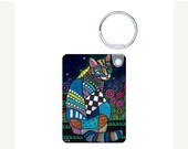 50%  OFF SALE - Folk Art Cat Keychain - Heather Galler Key Chain Pet Animal Unique Gifts Modern Abstract Art Garden Flowers