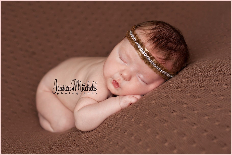 Newborn Prop: Brown Pleated Lace and Satin with Rhinestone Headband. Newborn Size. Newborn Headband.
