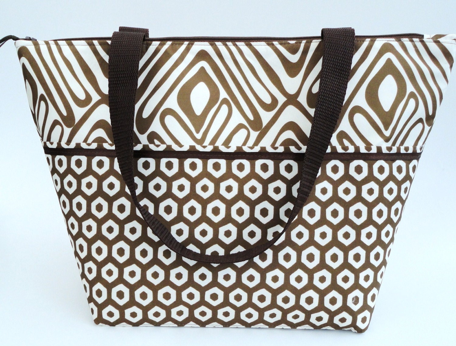 Lunch Bag Insulated with long handles - Geo Print Brown and cream