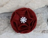 Burgundy Red Felt Flower Hair Clip With a Rhinestone