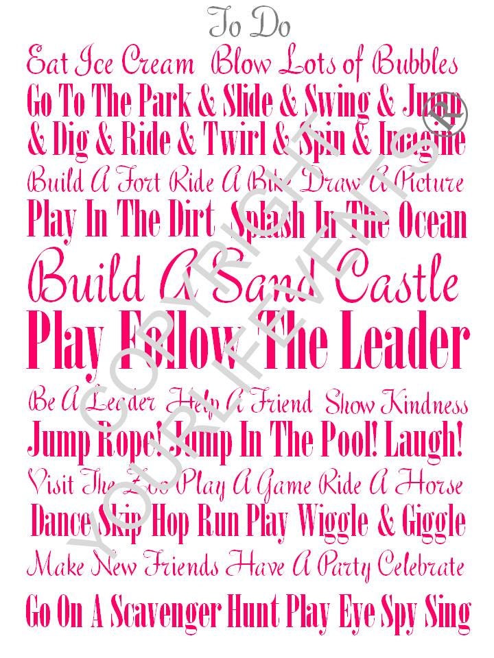 Printable Subway Wall Art - Kids Fun 'To Do' List - Instant Download - Pink Il_570xn