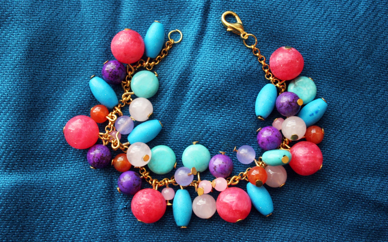 TURQUOISE bracelet stone purple blue gold charm plated pink agate quartz orange boho teal birthday for her beaded
