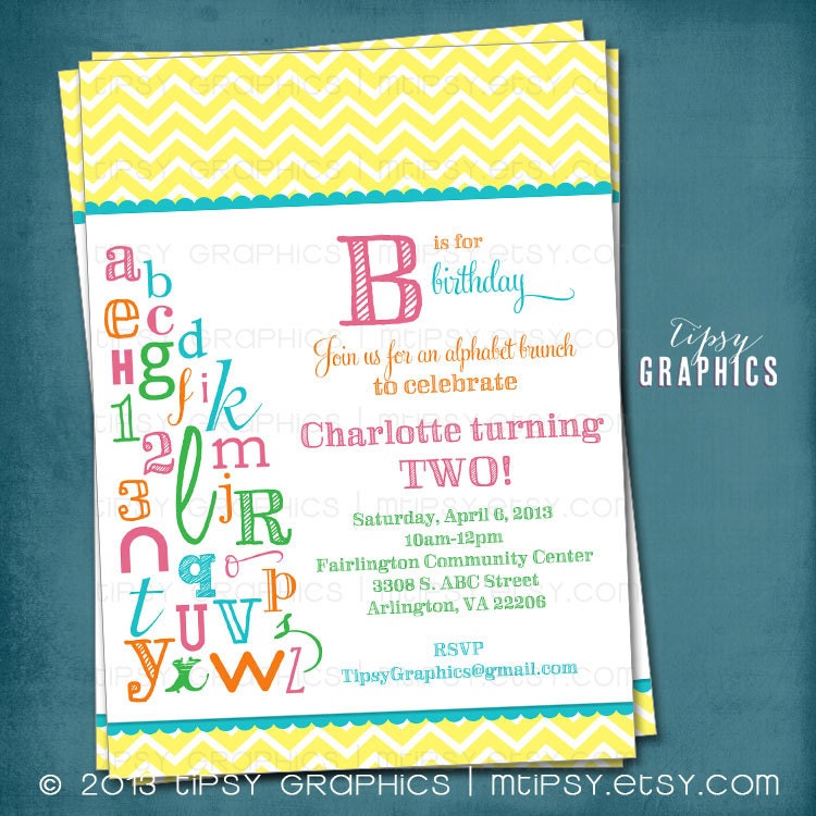 B is for Birthday. Chevron ABC Colorful Alphabet Birthday Party Invitation. Any colors and text by Tipsy Graphics Il_570xn