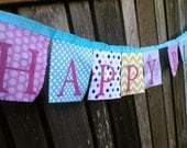 Happy Birthday Banner Lavender, PInk, Turquoise and Green hand painted fabric Il_170x135
