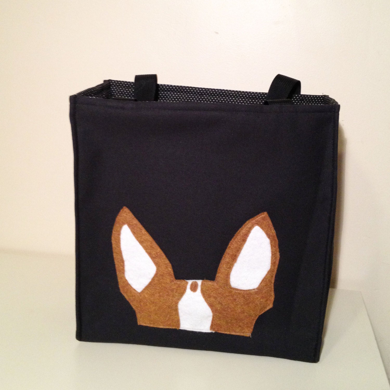 Personalized  Brown Boston Terrier Ears on Black Tote Bag - Free Shipping Worldwide