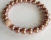 Brown Taupe Pearl and Rose Gold Fashion Stretch Pave Rhinestone Arm Candy Stack Bracelet 8mm Elegant Vintage Inspired DOLLAR SHIP in us