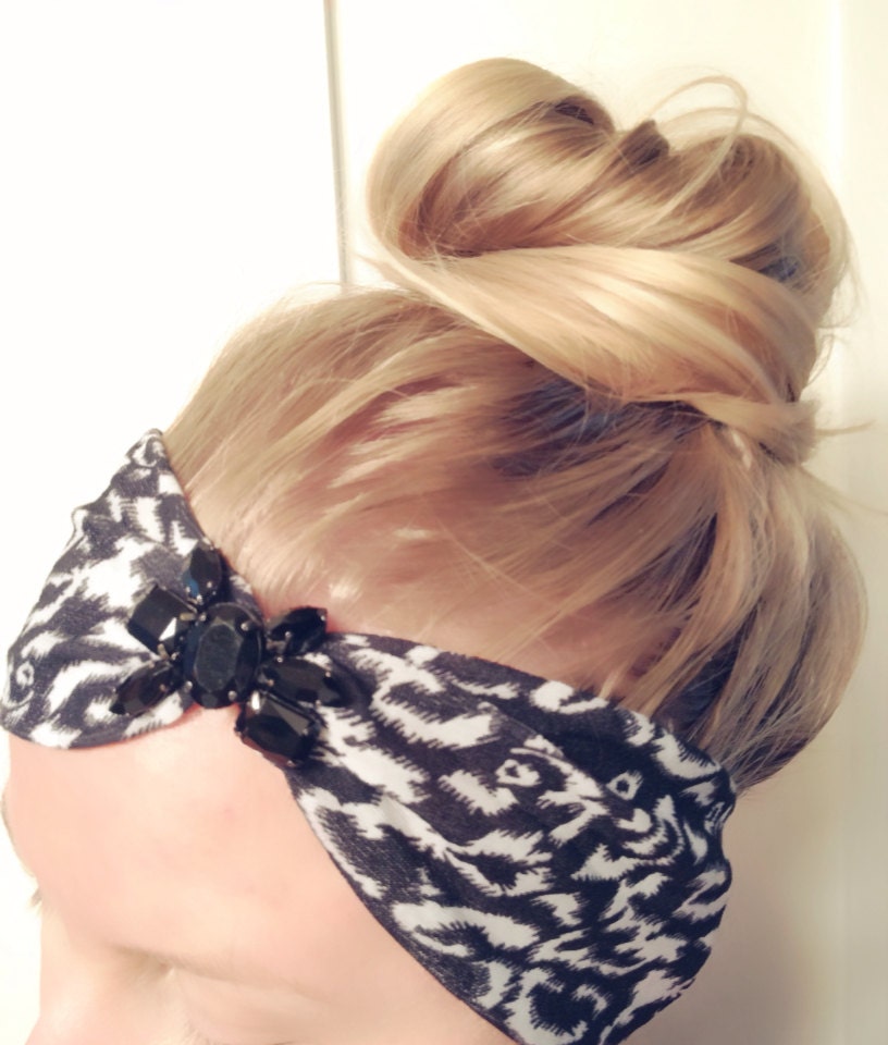 Rhinestone Embellished Turban Headband Wrap Black and White Soft Sheer Glam Stone Geometric Hipster DOLLAR SHIP in US