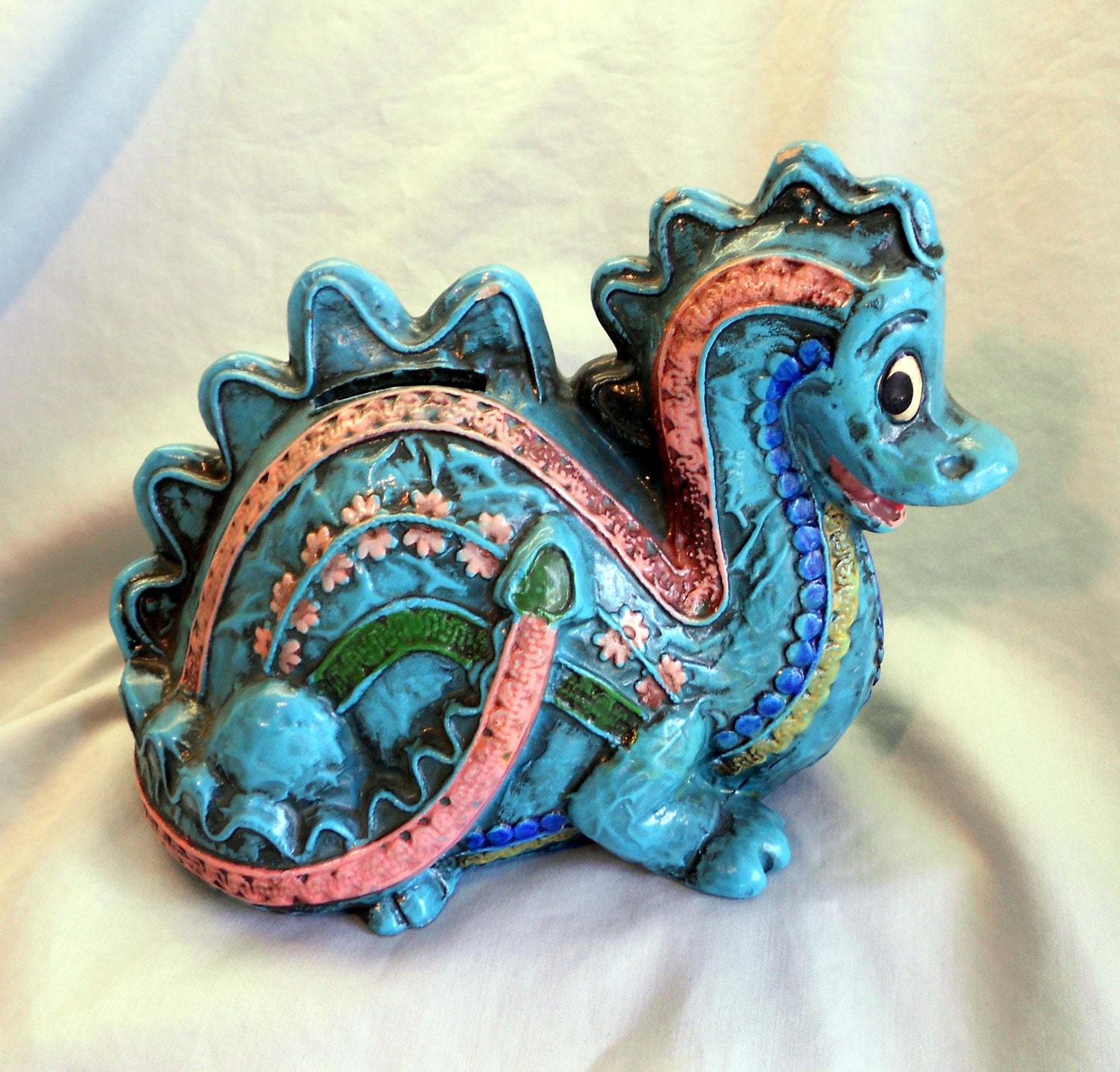 Vintage Fantasy Dragon Bank with Comical Expression, 1960s Decor, Made in Japan by Norcrest, Turquoise blue