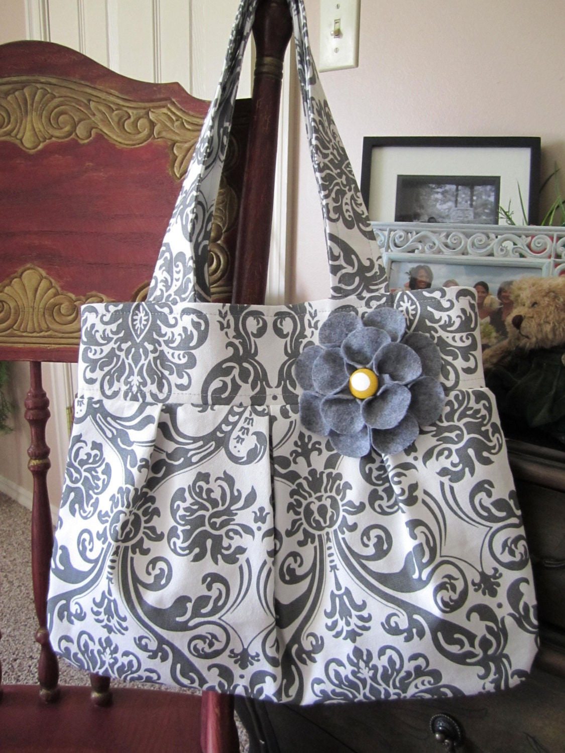 Gray Damask Pleated  Purse Handbag- with Yellow  polka dot interior and gray felt flower
