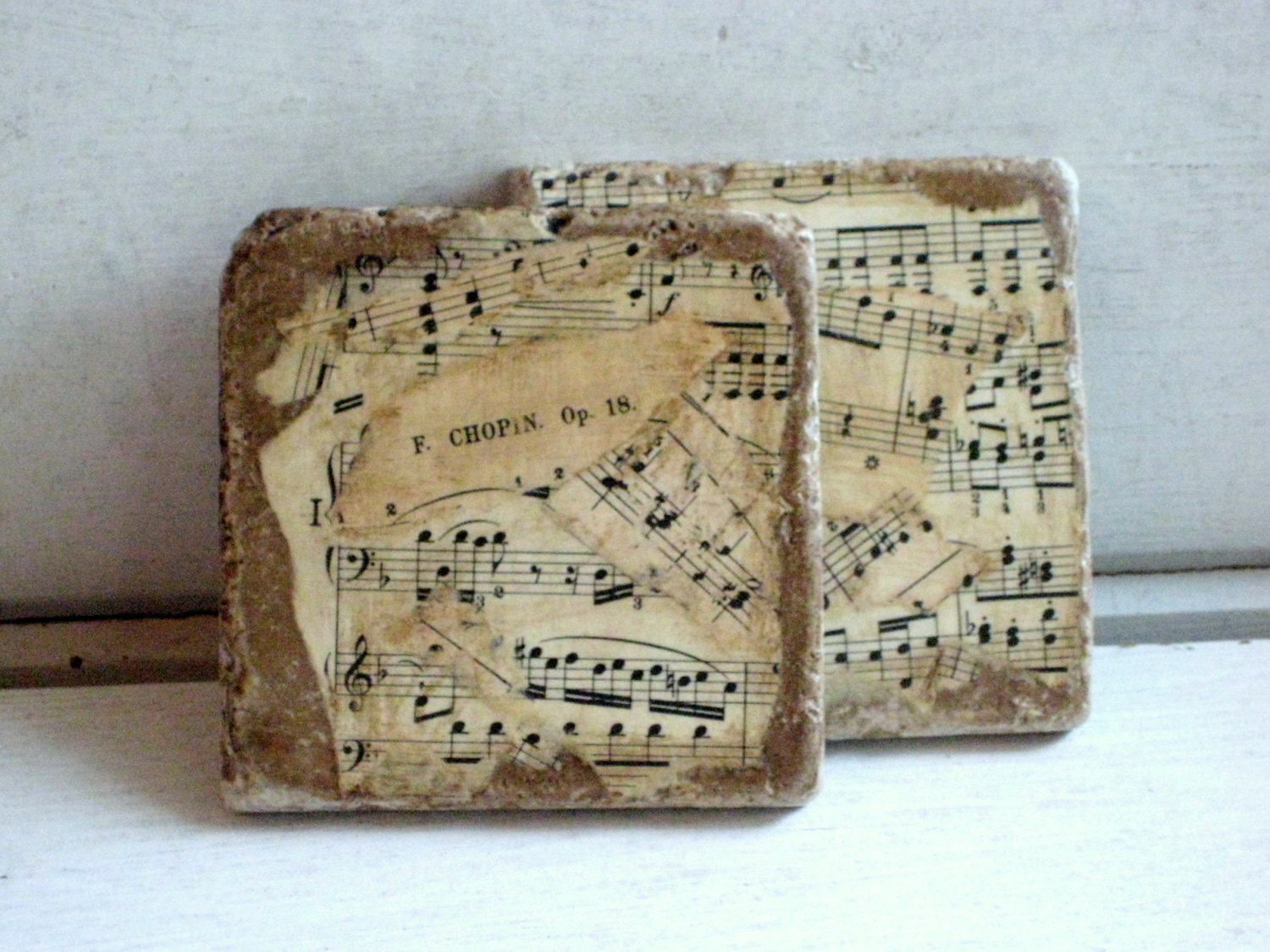 Chopin Classical Music Coasters, re purposed tiles, vintage sheet music, set of two, 4 x 4 inches