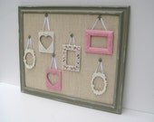 Burlap Bulletin Board Framed Country Chic Collage, Gift for New Mother, includes six painted vintage frames for photo display