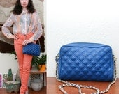 Vintage 80s Blue Faux Leather Quilted Bag With Chain Strap
