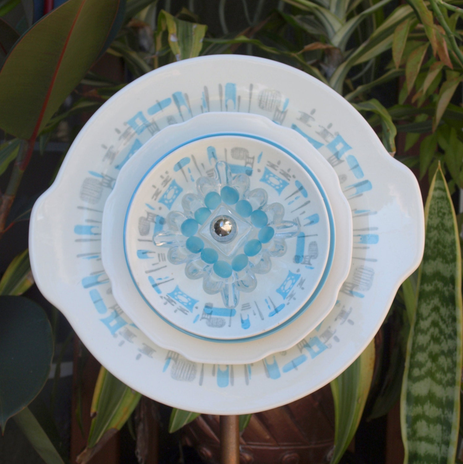 Blue Heaven Turquoise Aqua Modern Repurpose Glass Plate Flower vintage
