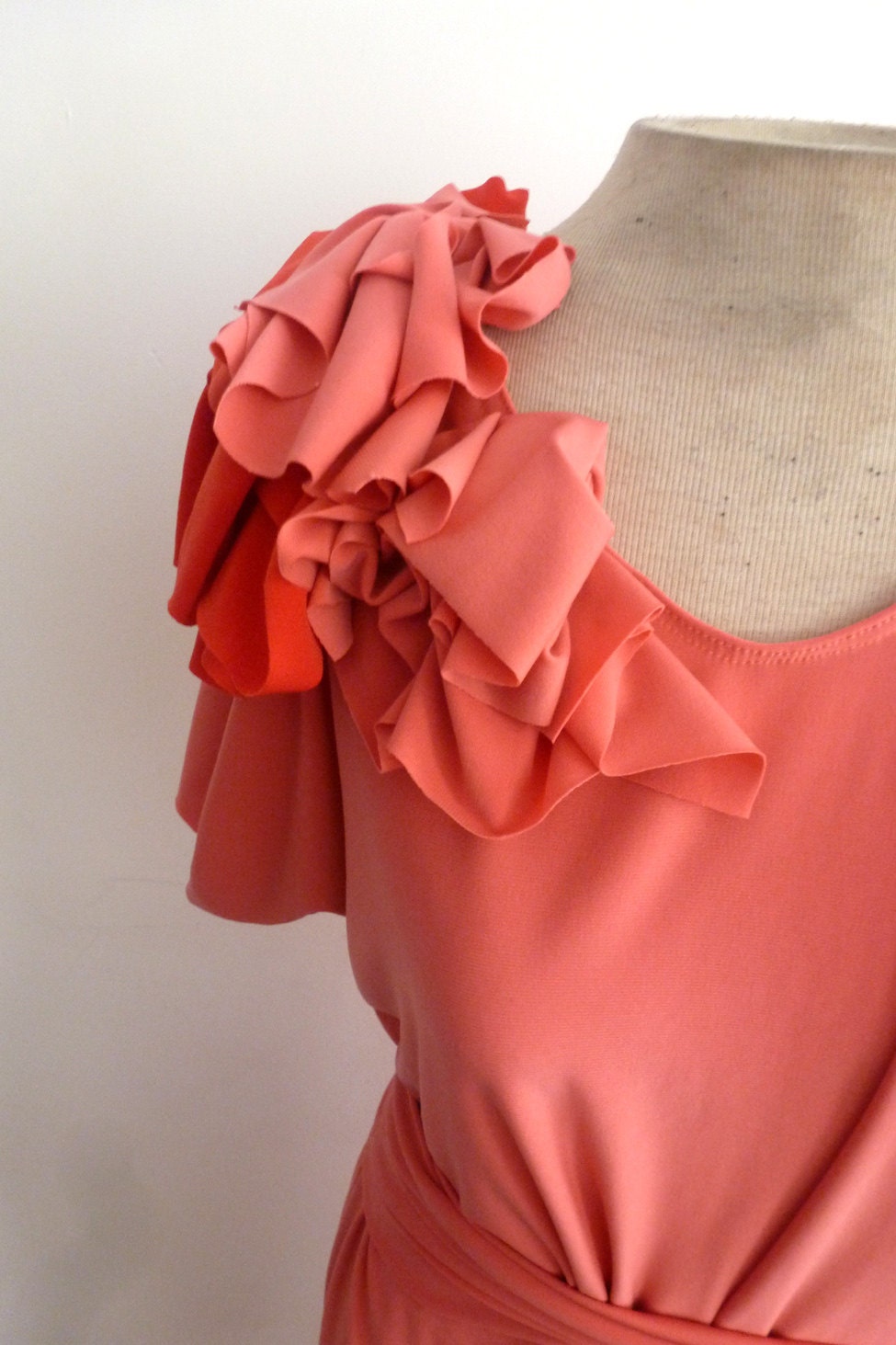 Rose color dress with an accent of red on sleeve, dress with attached belt, ruffle shoulder, handmade by Cheryldine