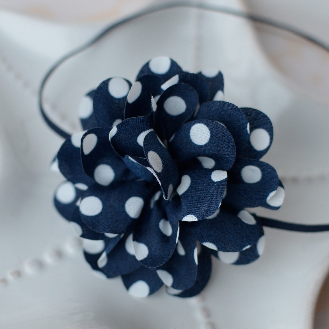 Navy Blue Polka Dot Chiffon Flower Skinny Headband