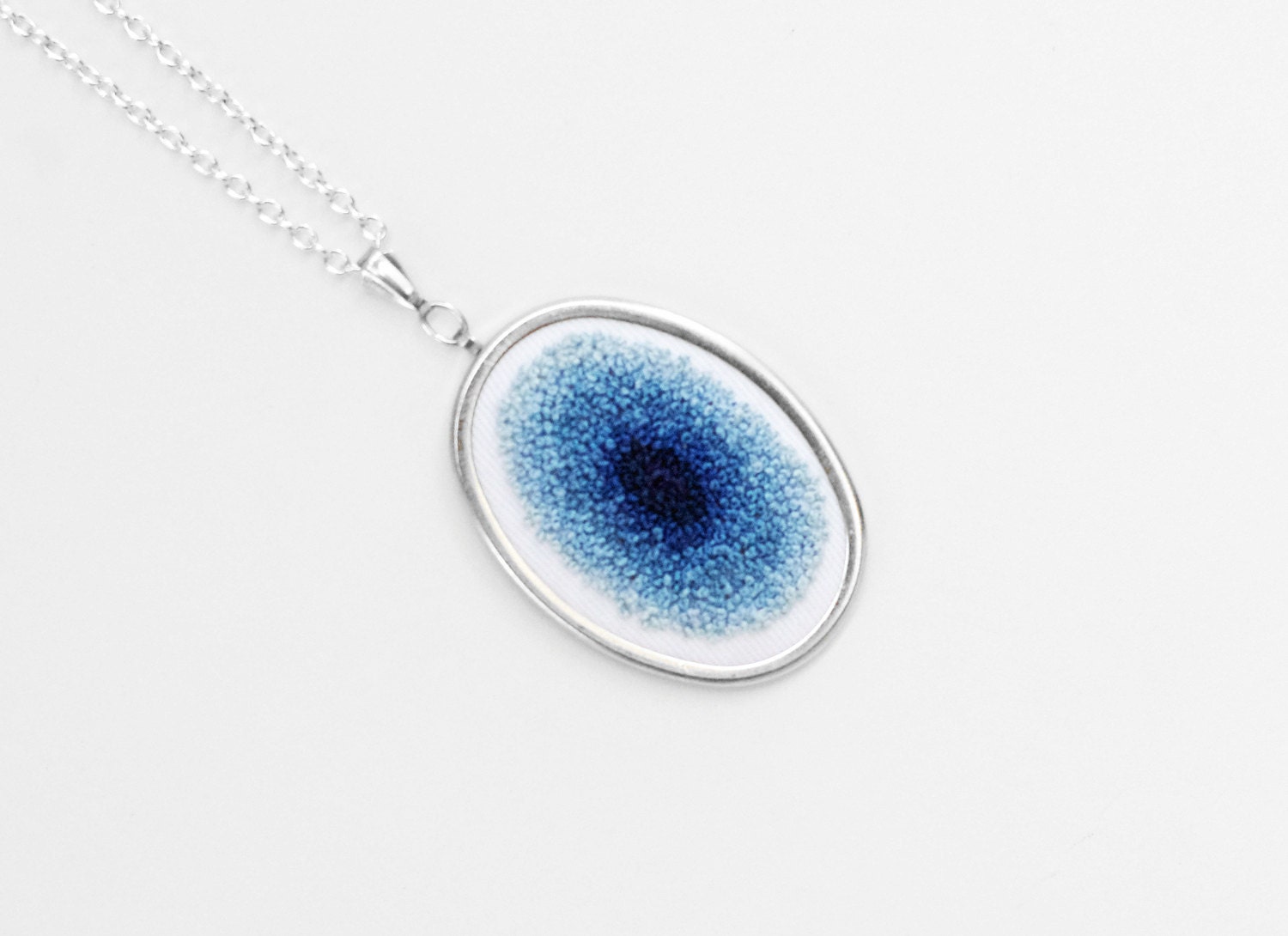 Blue Hand Embroidery Necklace - Embroidered Pendant in Navy to Sky Blue Gradient, Ombre French Knots - Pendant & 18" Silver Chain Necklace