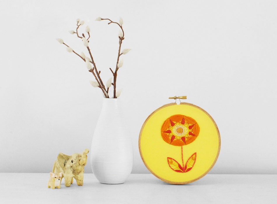 Bright and Sunny Embroidered Flower in Yellow, Orange, Coral, Tangerine and Pink - 5 inch Embroidery Hoop Floral Fiber Art for Summer