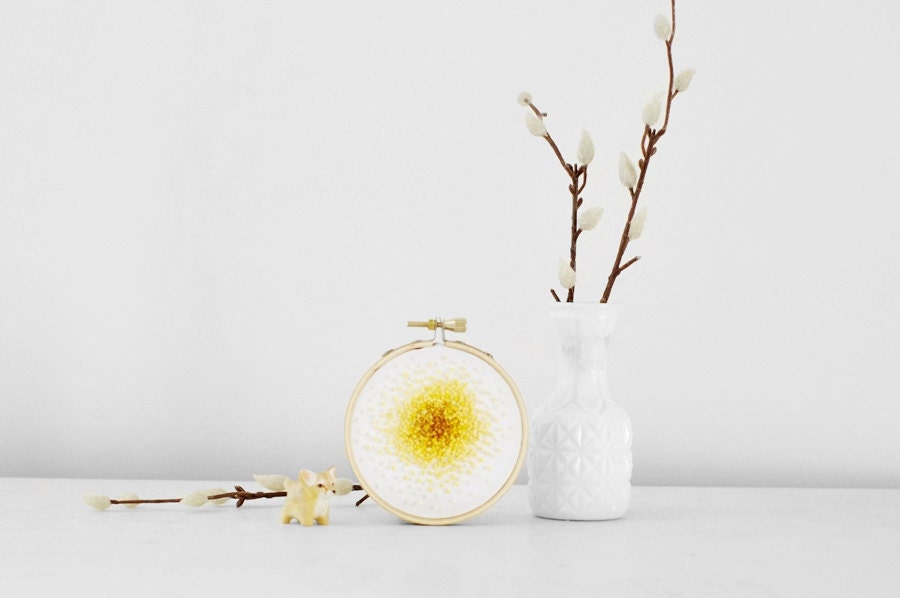 Embroidery Hoop French Knot Color Progression from Mustard to Yellow - 3 inch Hoop Ombre Fiber Wall Art
