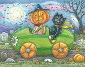 Black Cat Pumpkin Man Driving Watermelon Car Halloween Vintage Style Susan Brack EBSQ EHAG