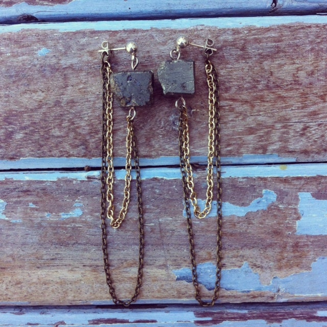 Pyrite Chunk and Chain Chandelier Stud Earrings