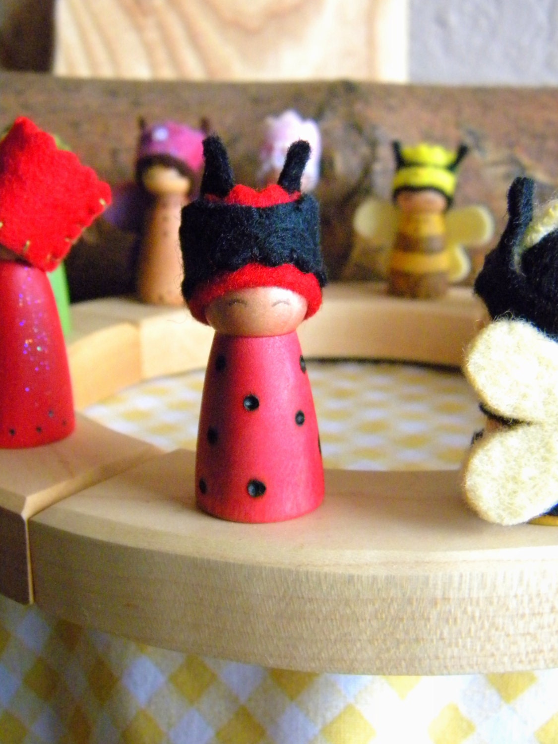 Lady Bug Birthday Ring Decoration, Small Lady Bug Peg Doll, red, black, wood burned wings, crown, Waldorf decor, Boy or Girl Birthday