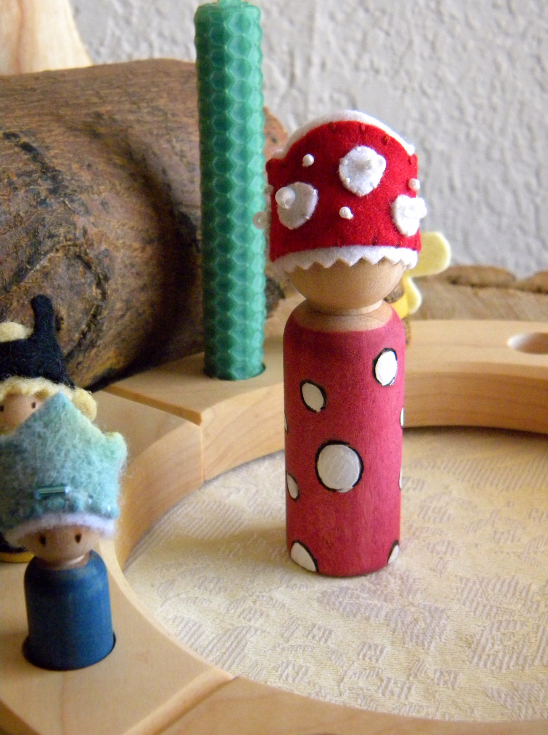 Toadstool Birthday Doll, King, Queen, Waldorf Birthday, Gnome, Wooden Peg Doll, Red, White, Spotted, Jeweled Crown