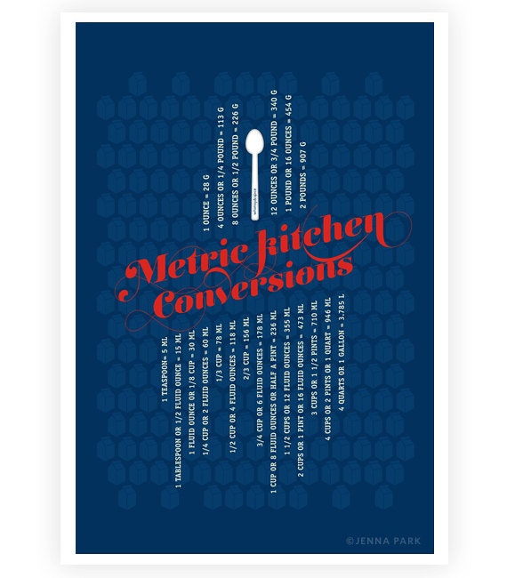Kitchen Metric Conversions Art Poster,  Typography Poster, Kitchen Art - Kitchen Prints - Blue 13x19