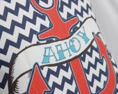 Ahoy Anchor Throw Pillow - Navy Chevron with Red Anchor - 14" x 14"