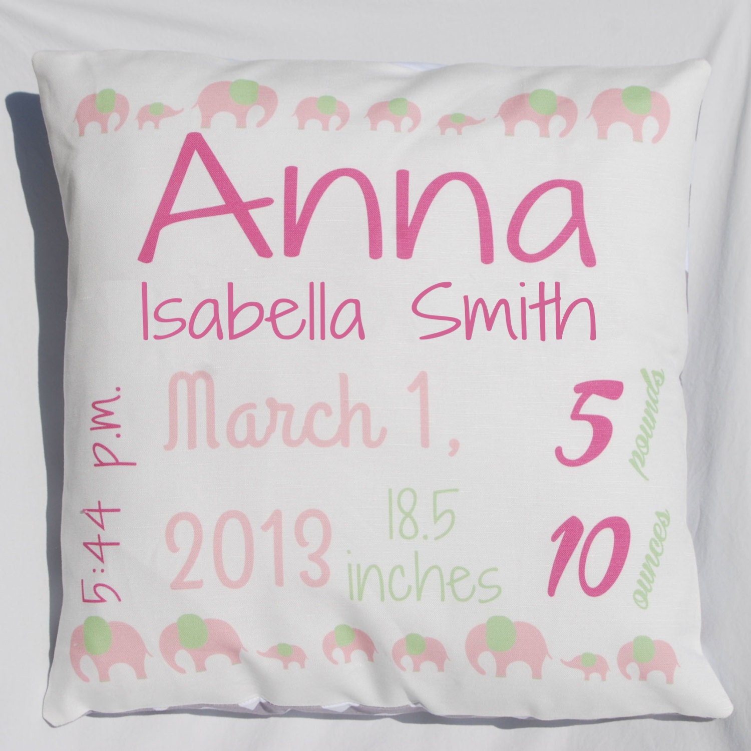 Welcome Baby Girl Birth Announcement Pillow - Hot Pink and Green- 10" x 10" - Birth Stat, Baby Shower Gift, Photo Prop