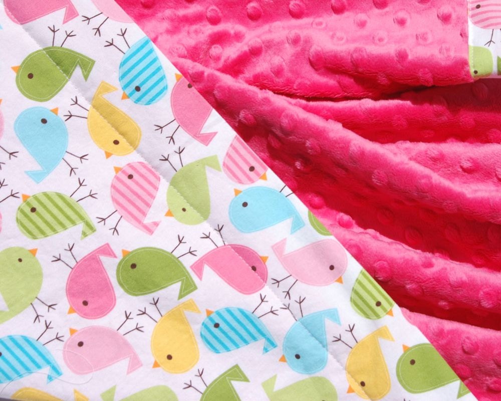 Baby Girl Minky Blanket - Robert Kaufman Birds in Spring with Fuchsia Pink Minky - Ready to Ship